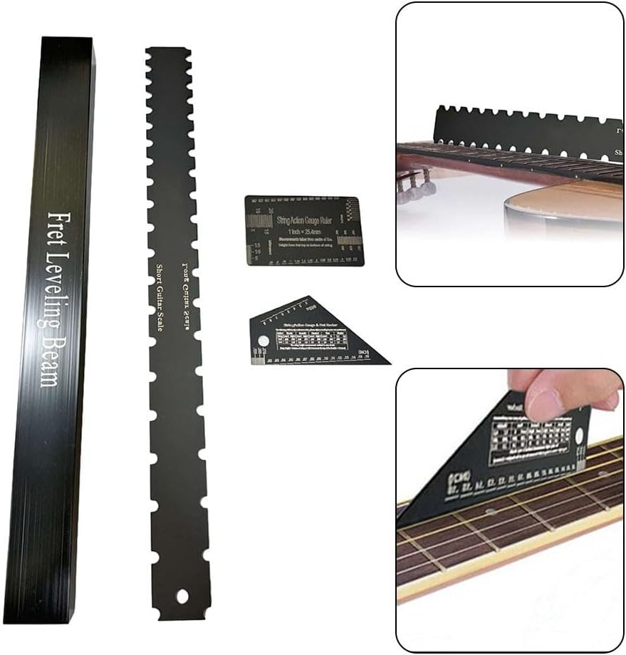 Black 4-Piece Luthier Tool Kit – Stainless Steel Notched Straight Edge + Fret Leveling Ruler + String Action Gauge – For Guitar Fretboard Repair & Maintenance