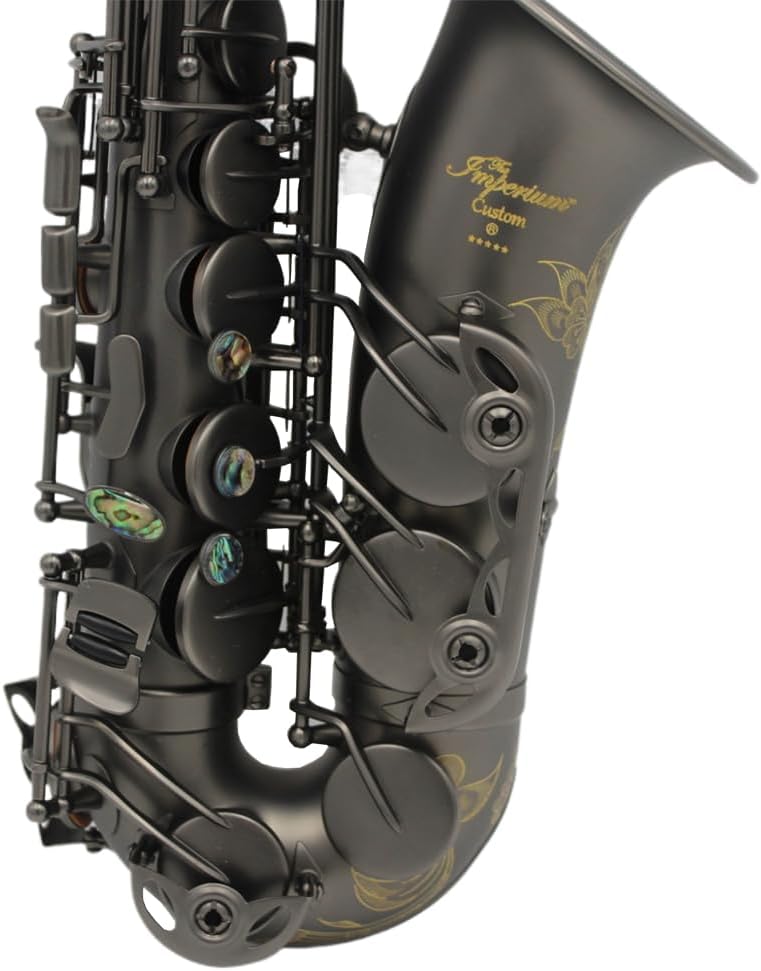 Eastern Music matt black alto saxopone with flower engravings.