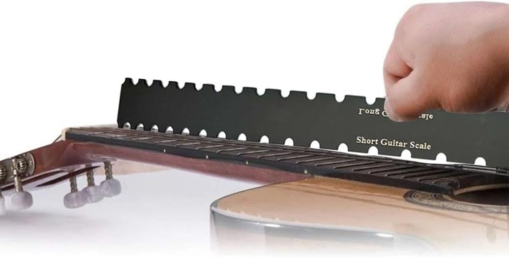 Black 4-Piece Luthier Tool Kit – Stainless Steel Notched Straight Edge + Fret Leveling Ruler + String Action Gauge – For Guitar Fretboard Repair & Maintenance