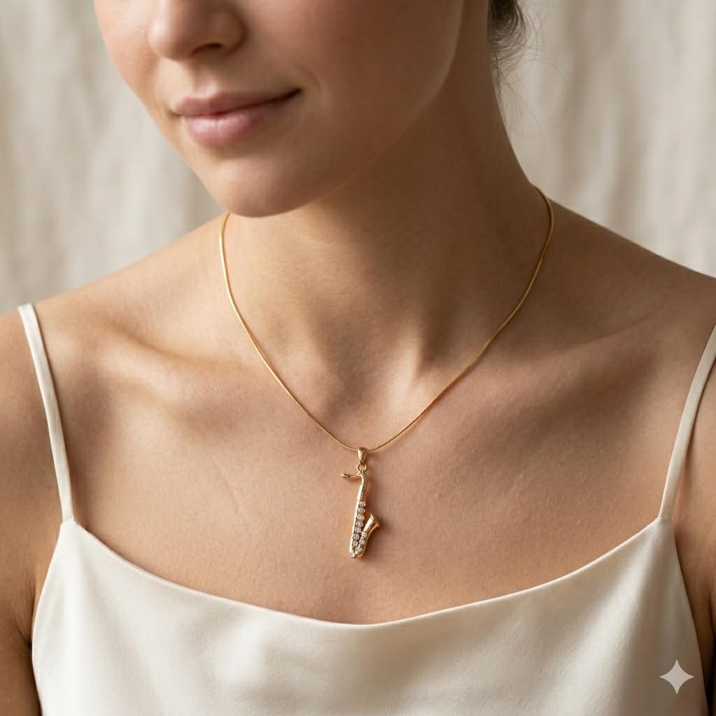 Spinningdaisy Saxophone Necklace for Women Men, Gold or Silver Plated