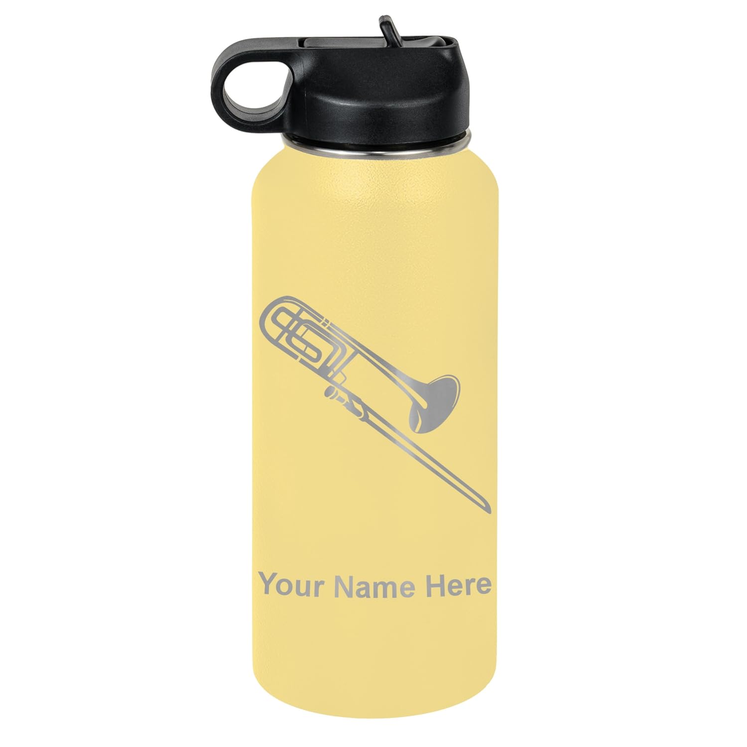 LaserGram Personalized Water Bottle, Trombone, Stainless Steel Double Wall Vacuum Insulated with Flip Top Straw, Custom Engraved Gift (32oz / 950ml Lavender)