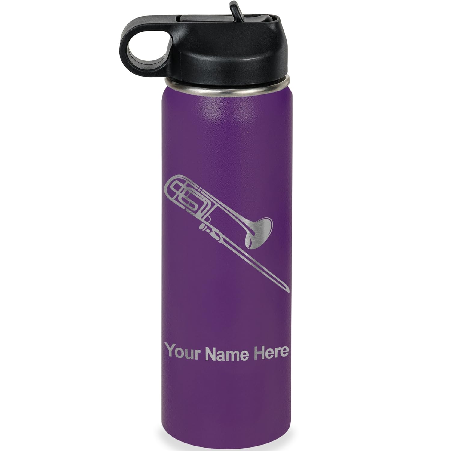 LaserGram Personalized Water Bottle, Trombone, Stainless Steel Double Wall Vacuum Insulated with Flip Top Straw, Custom Engraved Gift (32oz / 950ml Lavender)