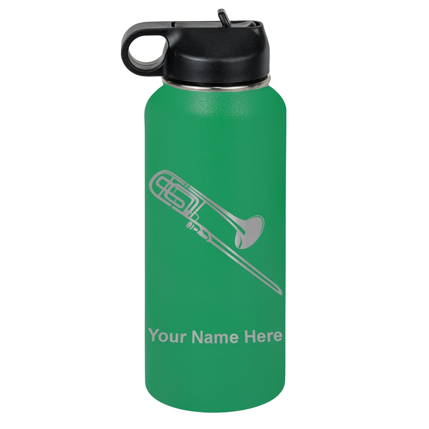 LaserGram Personalized Water Bottle, Trombone, Stainless Steel Double Wall Vacuum Insulated with Flip Top Straw, Custom Engraved Gift (32oz / 950ml Lavender)