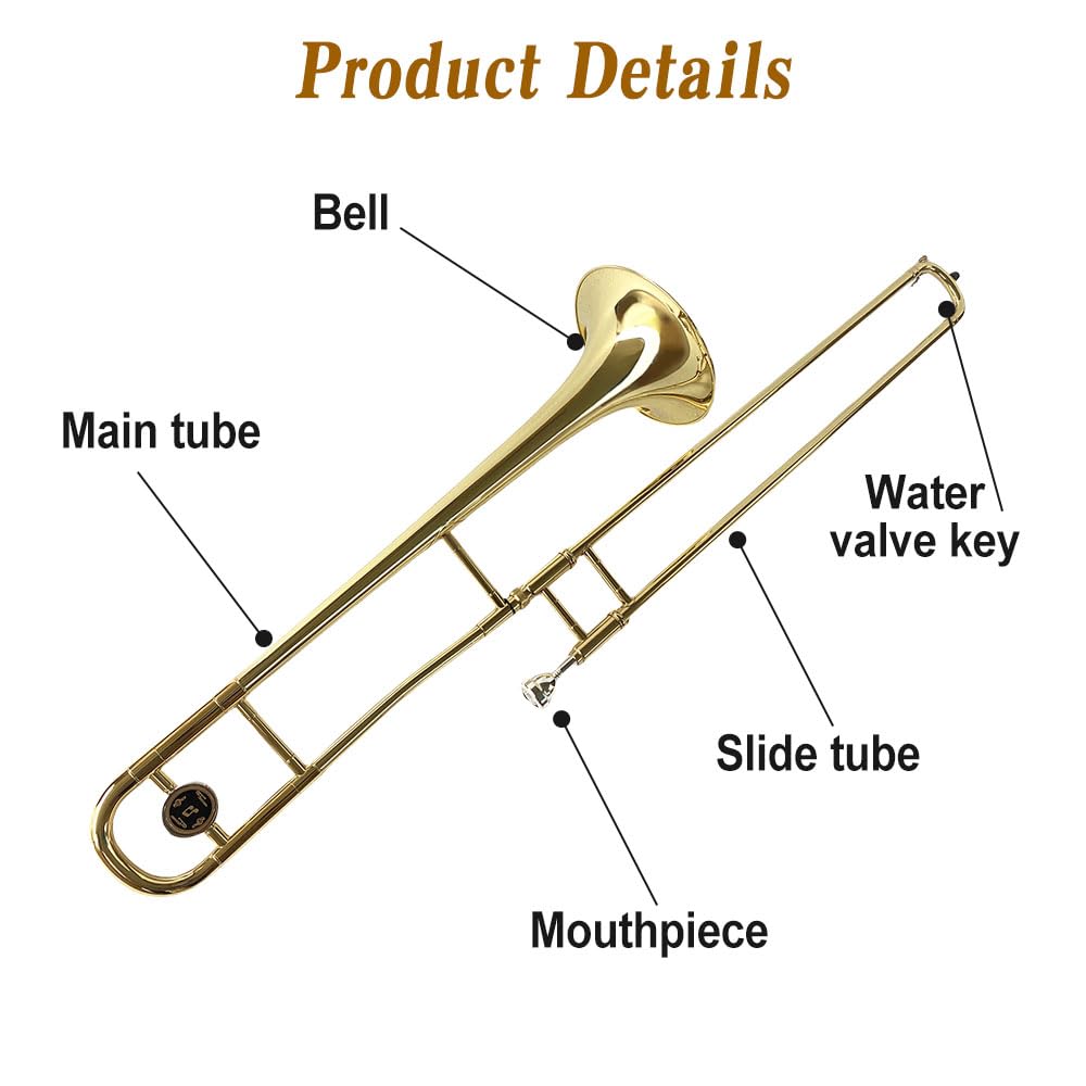 Bb Tenor Slide Trombone – B Flat Brass Trombone with Gold Lacquer Finish- Includes Hard Case, Mouthpiece & Cleaning Kit – Fit for Musicians and Beginners（12.7 mm & 205 mm）