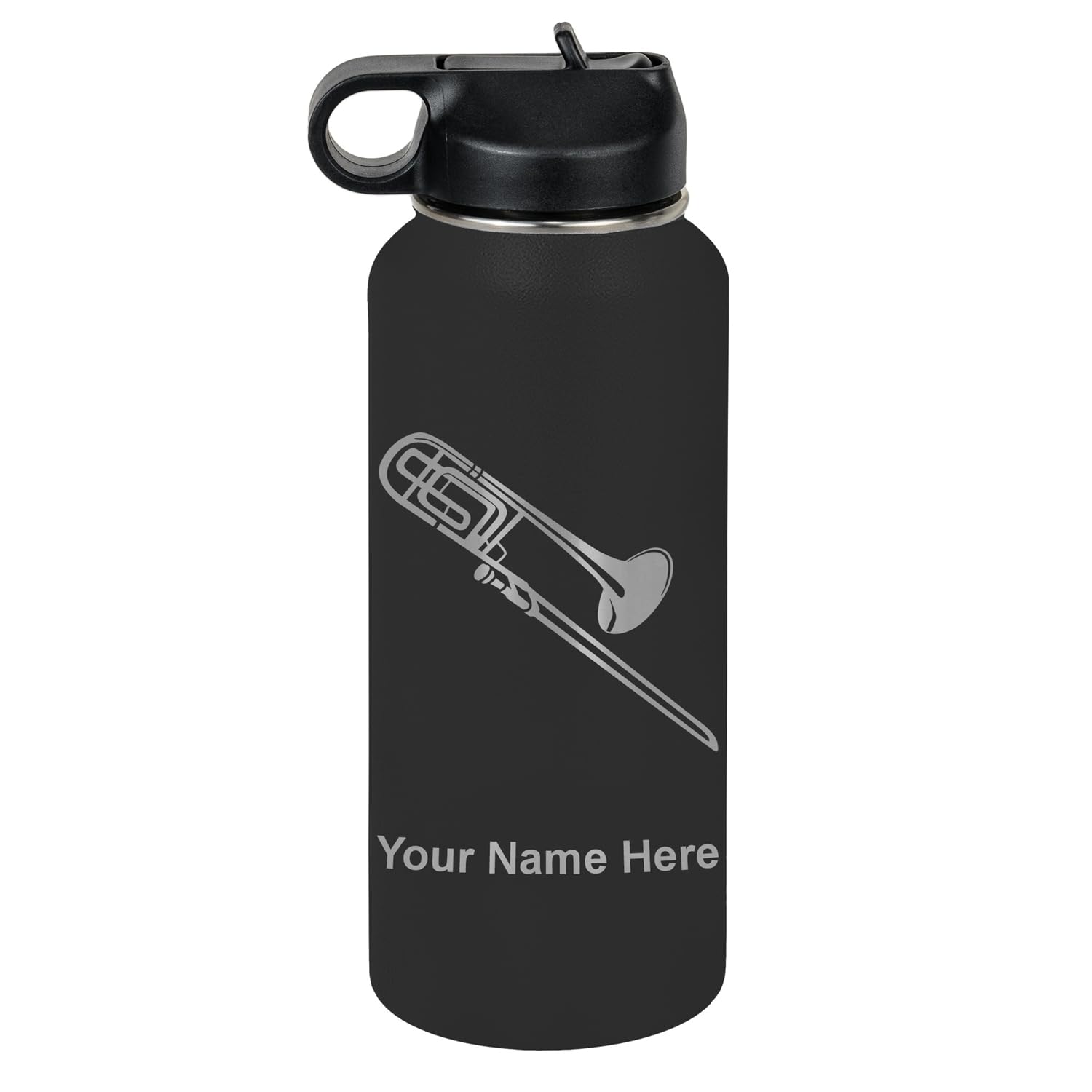 LaserGram Personalized Water Bottle, Trombone, Stainless Steel Double Wall Vacuum Insulated with Flip Top Straw, Custom Engraved Gift (32oz / 950ml Lavender)