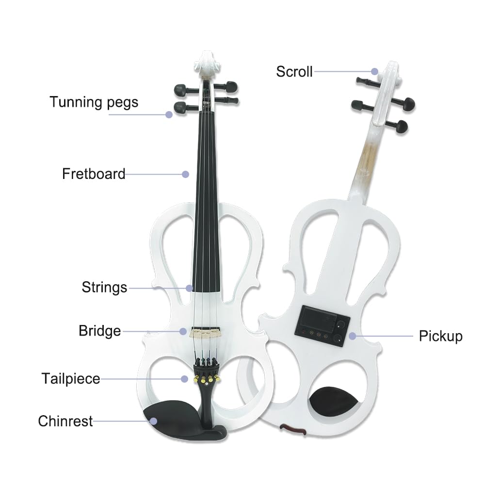 Vetimobato 16 Inch Electric Viola 4 String Practice Silent Viola Solidwood Walnut with Maple Neck Ebony Fittings Metallic Coating Case Bow Headphones AUX Cable Perfect for Beginner Professional(White)