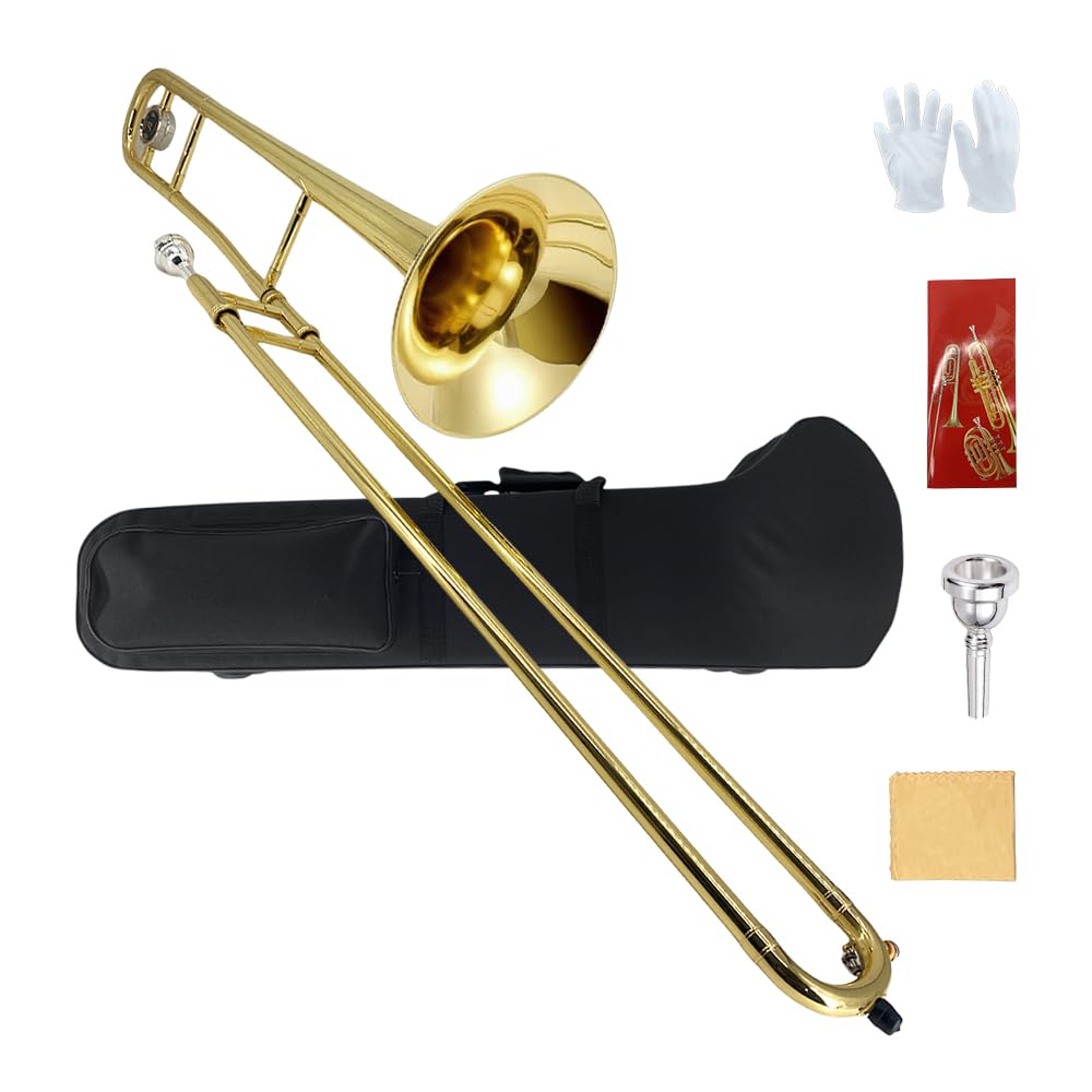 Bb Tenor Slide Trombone – B Flat Brass Trombone with Gold Lacquer Finish- Includes Hard Case, Mouthpiece & Cleaning Kit – Fit for Musicians and Beginners（12.7 mm & 205 mm）