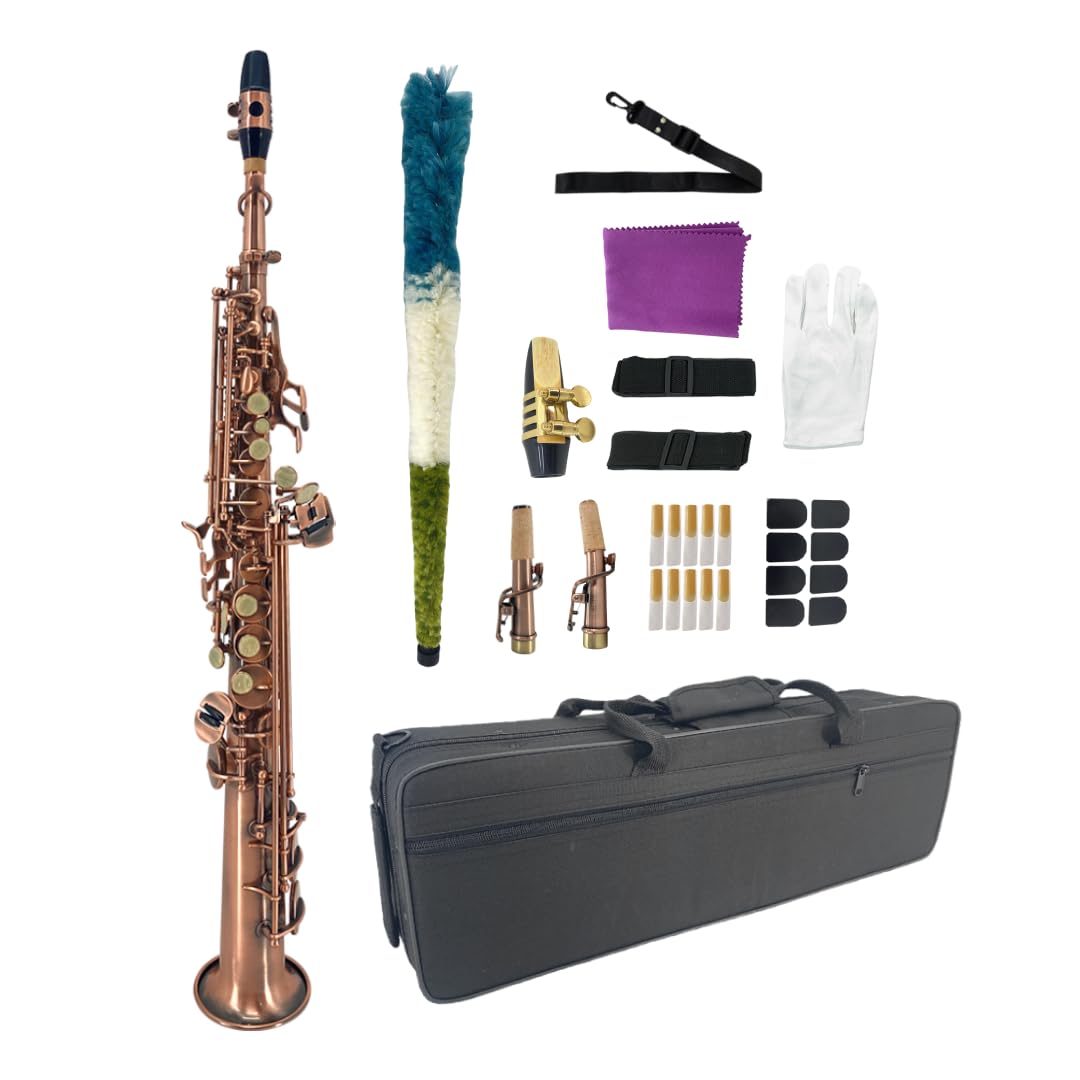 Bb Straight Soprano Saxophone–Gold Lacquer Finish, Ergonomic Design with Case, Mouthpiece, Neck Strap & Accessories, Ideal for Beginners & Advanced Players（Golden）