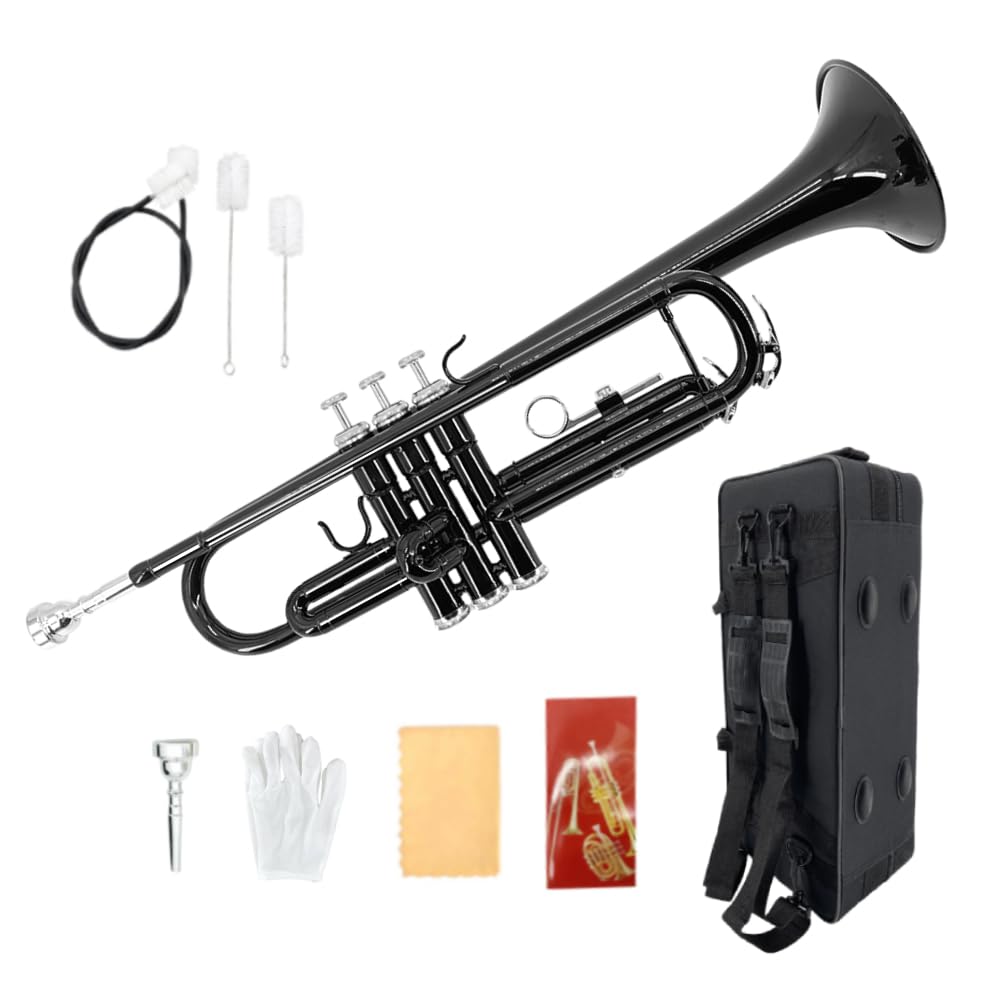 Bb Trumpet for Beginners – Standard B Flat Brass Instrument with 7C Mouthpiece, Hard Case & Cleaning Kit, Student Trumpet for Band Practice, Lessons & Gift (Golden)