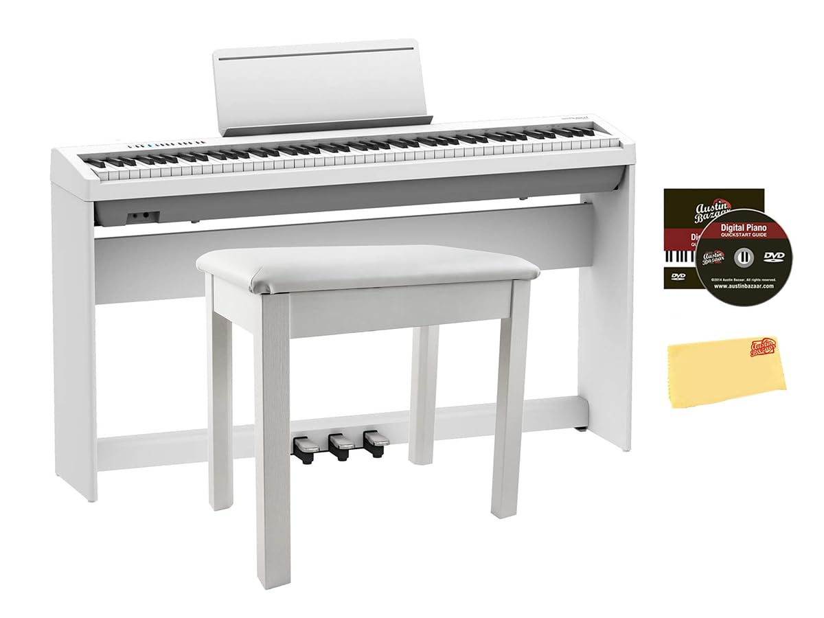 Roland FP-30X 88-Key Digital Piano - Black Bundle with Adjustable Stand, Bench, Sustain Pedal, Online Piano Lessons, Instructional DVD, and Austin Bazaar Polishing Cloth