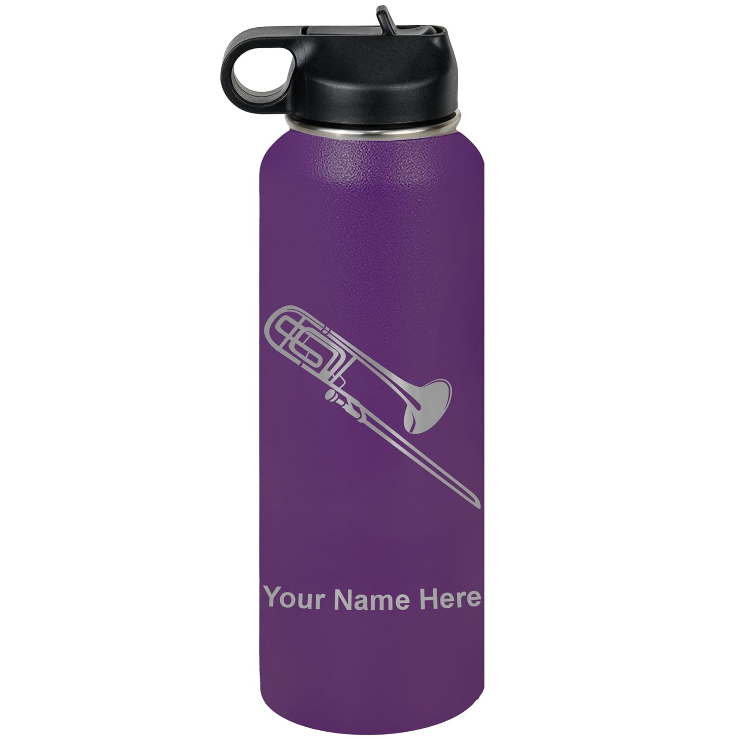 LaserGram Personalized Water Bottle, Trombone, Stainless Steel Double Wall Vacuum Insulated with Flip Top Straw, Custom Engraved Gift (32oz / 950ml Lavender)