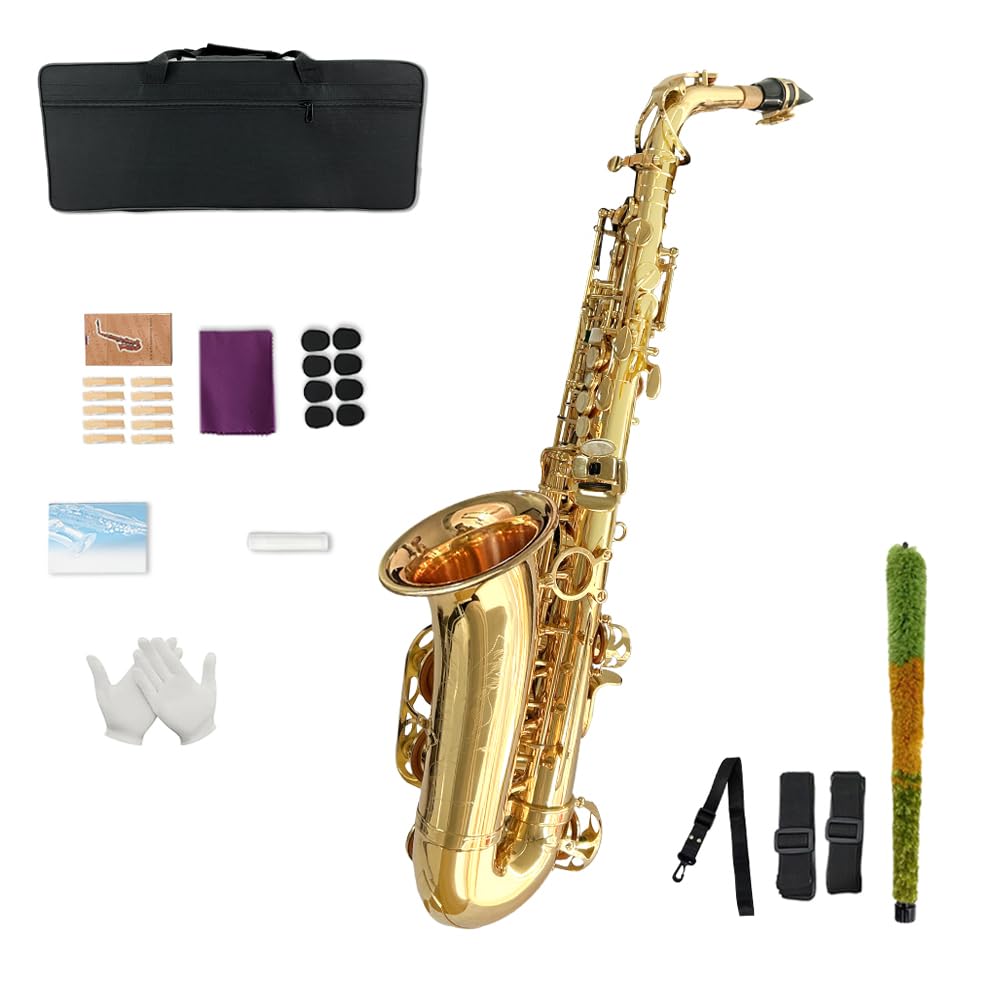 Yinfente Eb Alto Saxophone For Beginners Adult,Saxophone Student,E Flat Alto Sax Full Kit With Reeds,Pads Cushions,Hard Carrying Case,Cleaning Cloth & Rod,Mouthpiece,Gloves,Neck Strap Gold