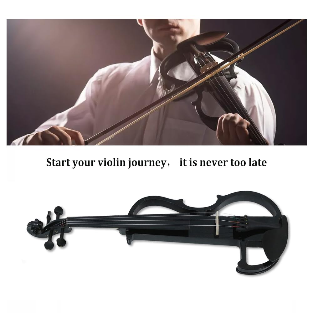 4/4 Full Size Electric Violin – Silent Electric Violin with Headphone Jack, Ebony Fittings – Includes Case, Bow, – Ideal for Practice & Performance (Black)