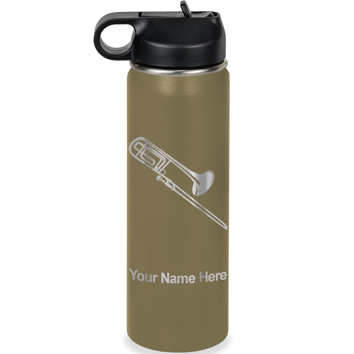 LaserGram Personalized Water Bottle, Trombone, Stainless Steel Double Wall Vacuum Insulated with Flip Top Straw, Custom Engraved Gift (32oz / 950ml Lavender)