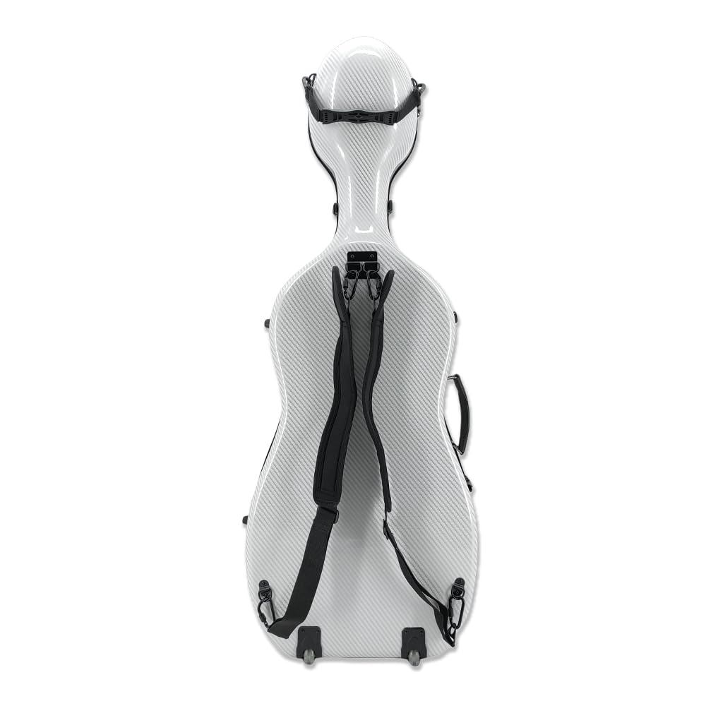 1/2 Size Carbon Fiber Cello Case with Wheels - Lightweight Durable Composite Design for Easy Transport and Superior Protection(White)