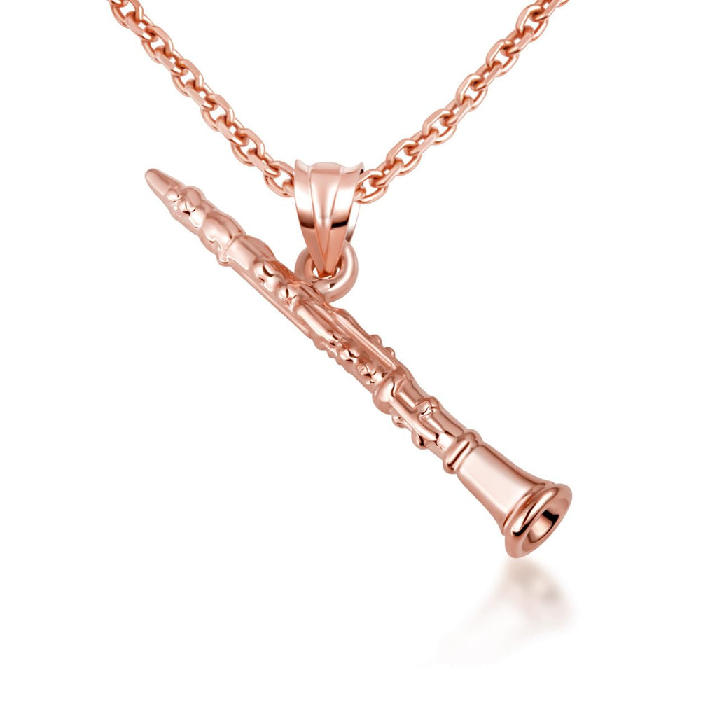 Gold Three Dimensional Clarinet Woodwind Music Charm Pendant Necklace | 10K or 14K Yellow, Rose, or White Gold | Choice of Pendant Only or Chain Length