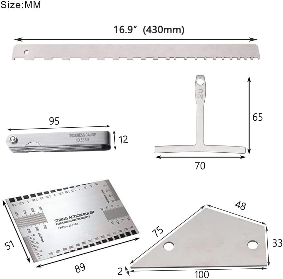 13pcs Guitar Luthier Tools Set Guitar Radius Gauge Unilateral Neck Straight Edge String Action Gauge Ruler Feeler Gauge Fret Rocker Fret Set Up Tool for Guitar Fretboard and Frets