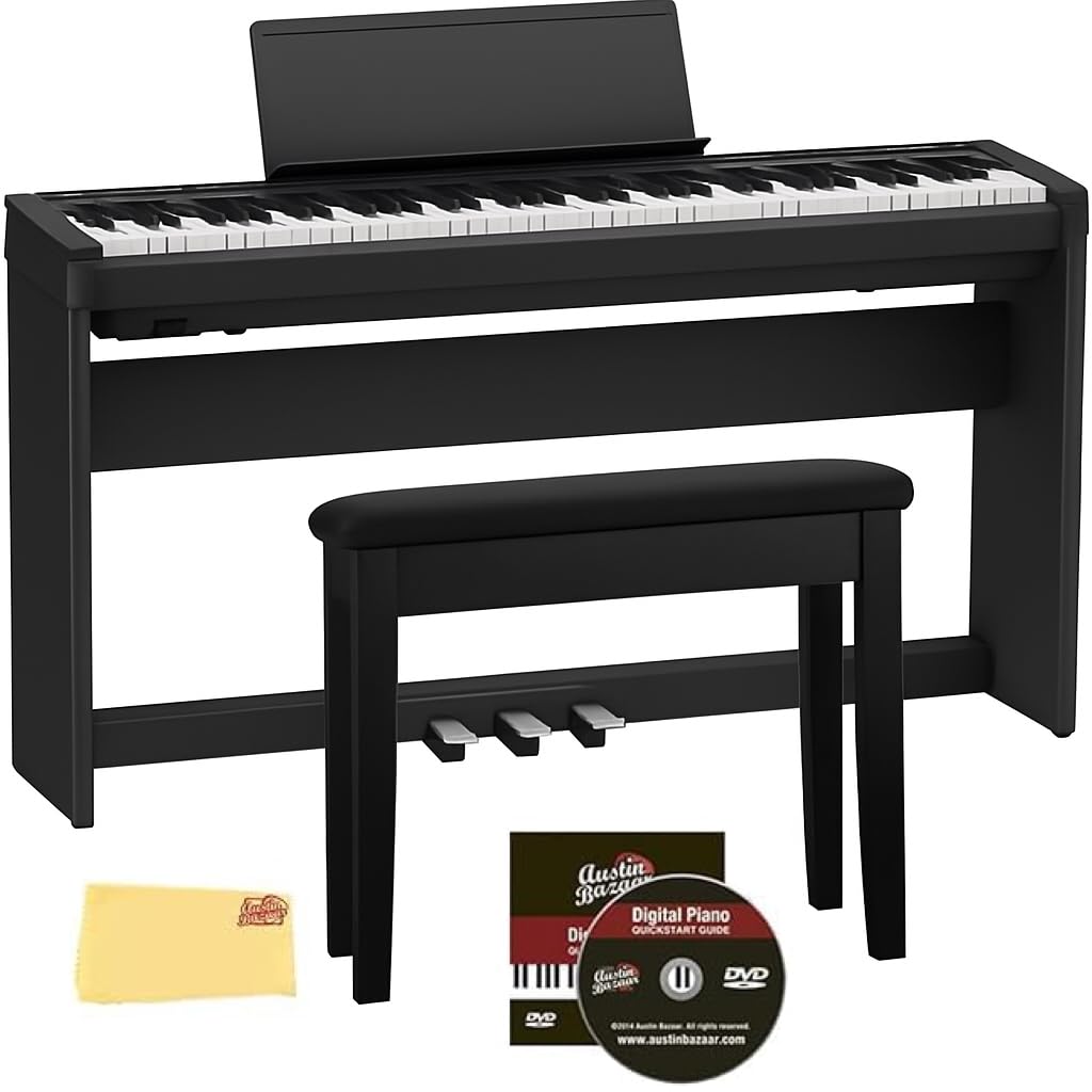 Roland FP-30X 88-Key Digital Piano - Black Bundle with Adjustable Stand, Bench, Sustain Pedal, Online Piano Lessons, Instructional DVD, and Austin Bazaar Polishing Cloth