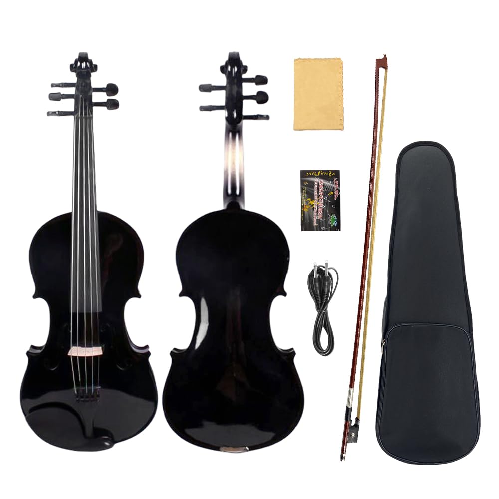 Vetimobato 16 Inch 5-String Electric Viola - FCGDA Tuning Electric Acoustic Viola for Students, Adults, Professional - Handmade Maple & Spruce Body with Ebony Fittings, Case, Bow (Black)