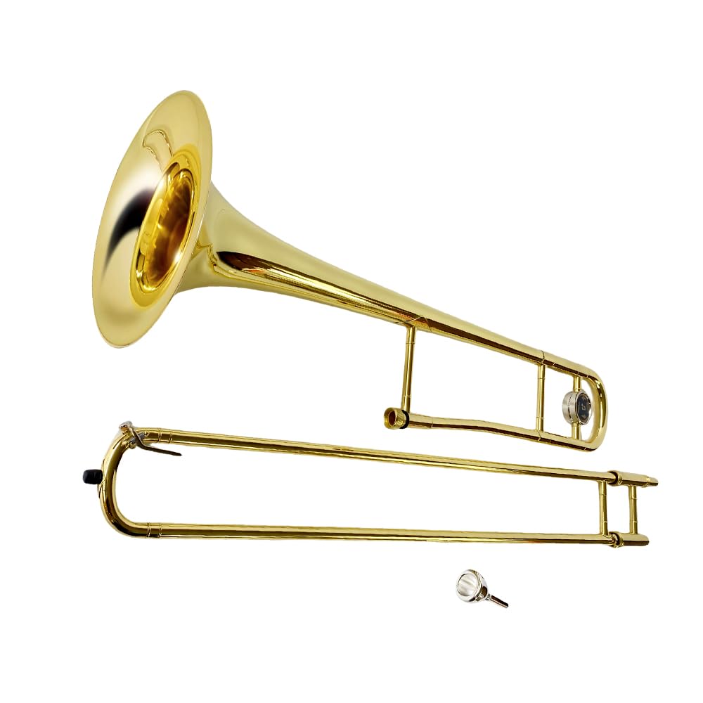 B flat Tenor Trombone, 0.5-Inch Bore, 8.07-Inch Brass Bell with Lacquer Finish, 12C Mouthpiece, Student & Beginner Slide Trombones with Case & Accessories