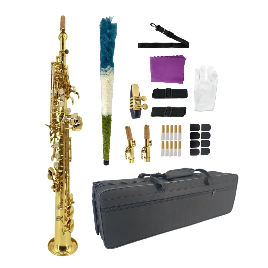 Bb Straight Soprano Saxophone–Gold Lacquer Finish, Ergonomic Design with Case, Mouthpiece, Neck Strap & Accessories, Ideal for Beginners & Advanced Players（Golden）