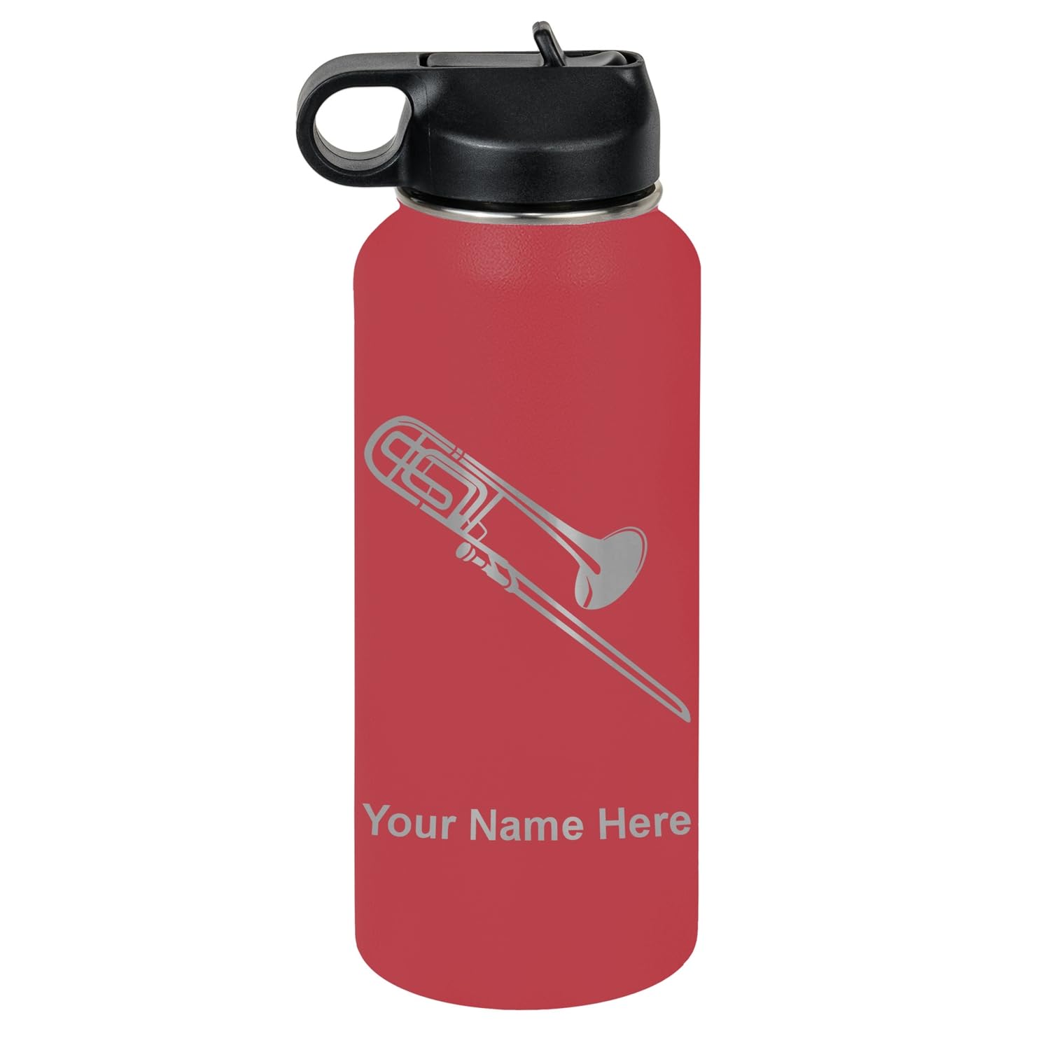 LaserGram Personalized Water Bottle, Trombone, Stainless Steel Double Wall Vacuum Insulated with Flip Top Straw, Custom Engraved Gift (32oz / 950ml Lavender)