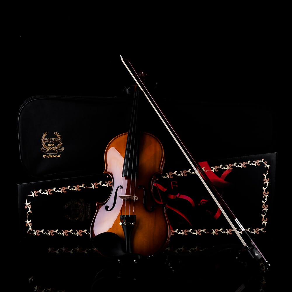 Rhythm Violin Set for Beginners,Acoustic Violins Starter Kit Package for Student,Beginners Fiddle with Hard Case, Rosin, Shoulder Rest, Bow, and Extra Strings (NATURAL, Full)