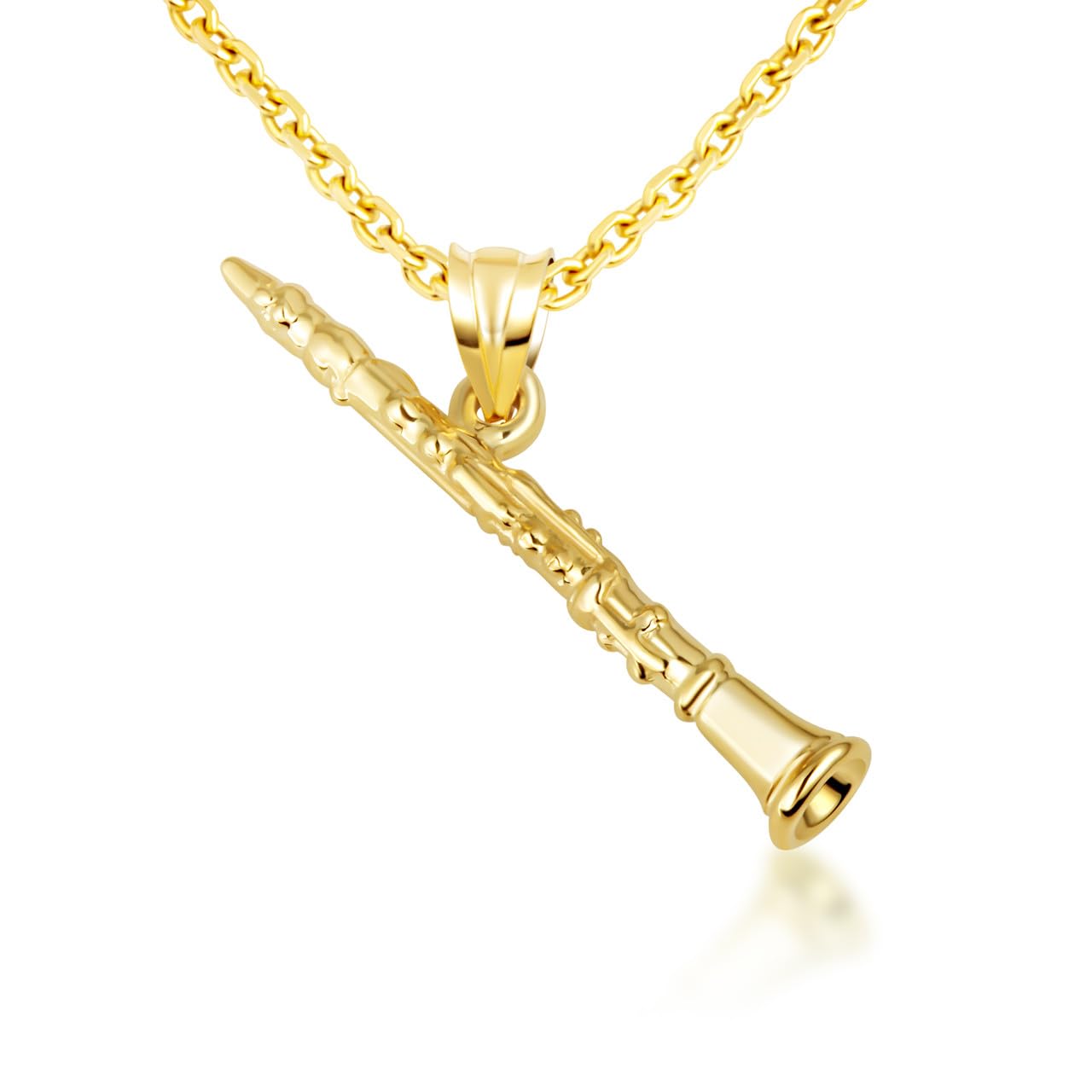 14K Yellow Gold Dangling Music Charm Woodwind Clarinet Pendant Necklace with Rolo Chain - Choice of Length