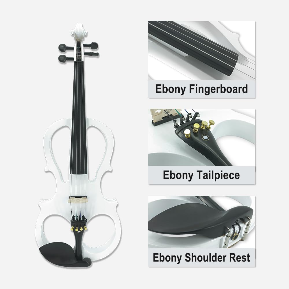 Vetimobato 16 Inch Electric Viola 4 String Practice Silent Viola Solidwood Walnut with Maple Neck Ebony Fittings Metallic Coating Case Bow Headphones AUX Cable Perfect for Beginner Professional(White)