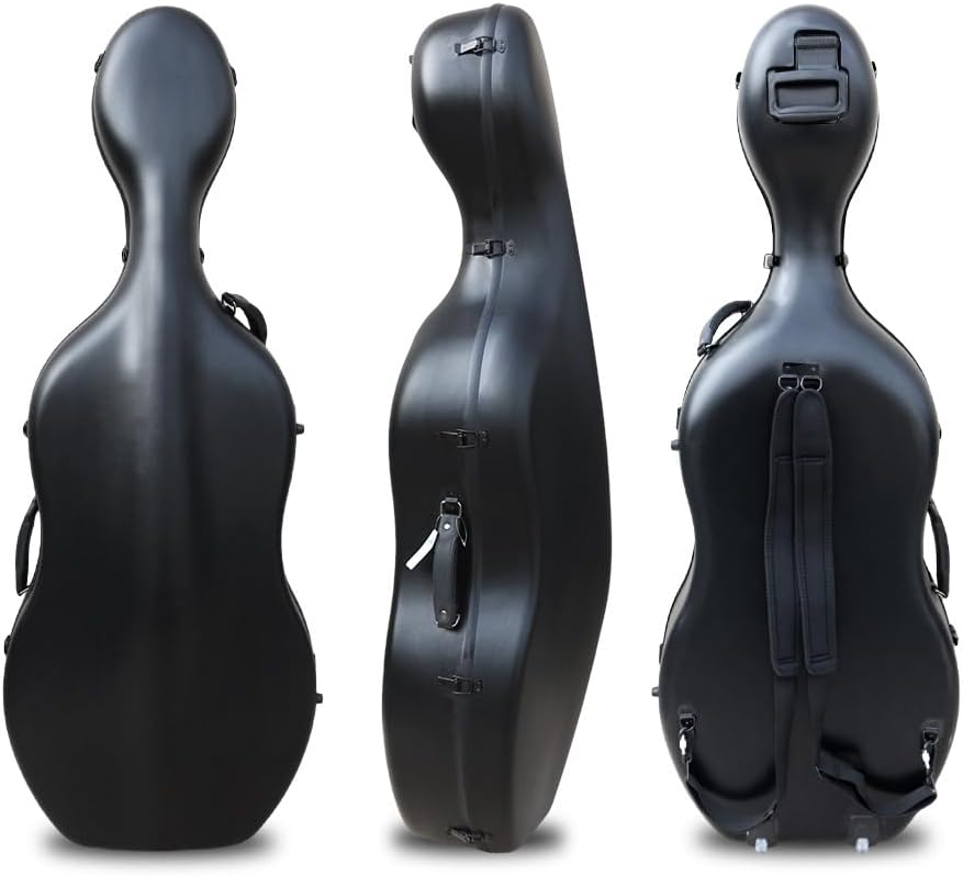 Vetimobato Carbon Fiber Cello Case for 4/4 Full Size Hard Shell with Wheels, Built-in Handle, Backpack Straps, Bow Holders Cello Accessories Box Strong & Ultralight (Black)