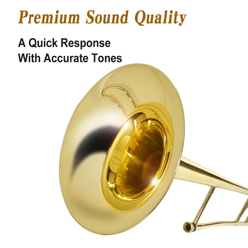 Bb Tenor Slide Trombone – B Flat Brass Trombone with Gold Lacquer Finish- Includes Hard Case, Mouthpiece & Cleaning Kit – Fit for Musicians and Beginners（12.7 mm & 205 mm）