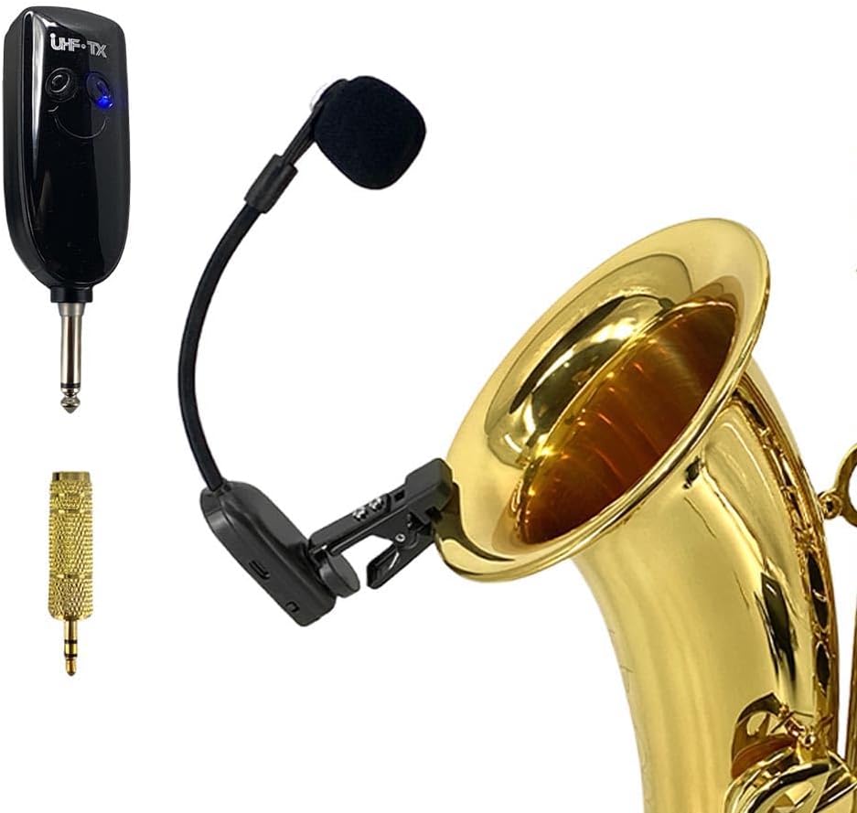 UHF Wireless Clip-on Saxophone Microphone System | 164ft Range Instrument Mic with Plug-and-Play Transmitter & Receiver for Sax, Trumpet, Trombone, French Horn