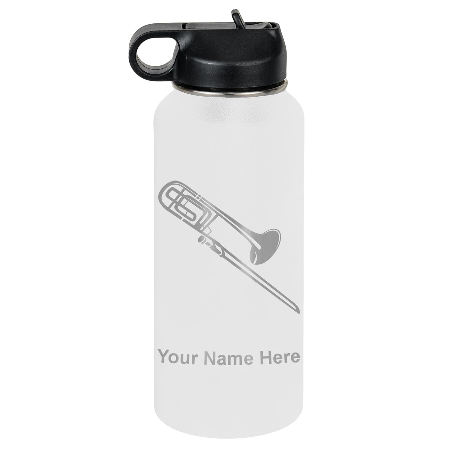 LaserGram Personalized Water Bottle, Trombone, Stainless Steel Double Wall Vacuum Insulated with Flip Top Straw, Custom Engraved Gift (32oz / 950ml Lavender)