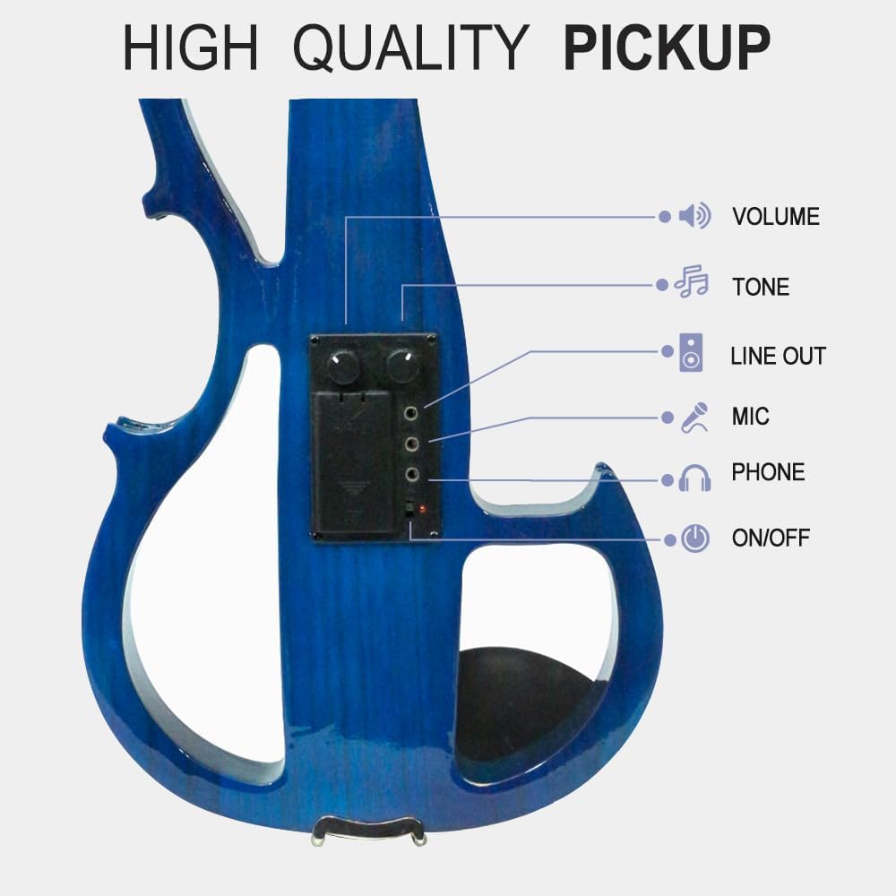 Vetimobato 16 Inch Silent Electric Viola Set- Solidwood Body with Ebony Fittings Metallic Coating Full Viola Set for Beginner Practice Professional Performance and Studio Recording (Blue, 4 String)