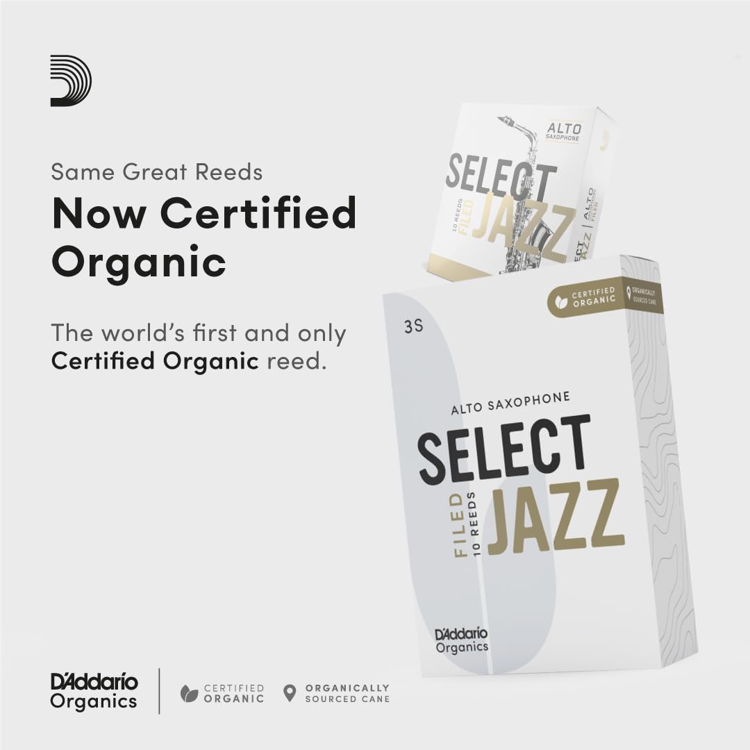 D'Addario Organic Select Jazz Filed Alto Saxophone Reeds - Sax Reeds - Individually Sealed - 3 Soft, 10 Pack