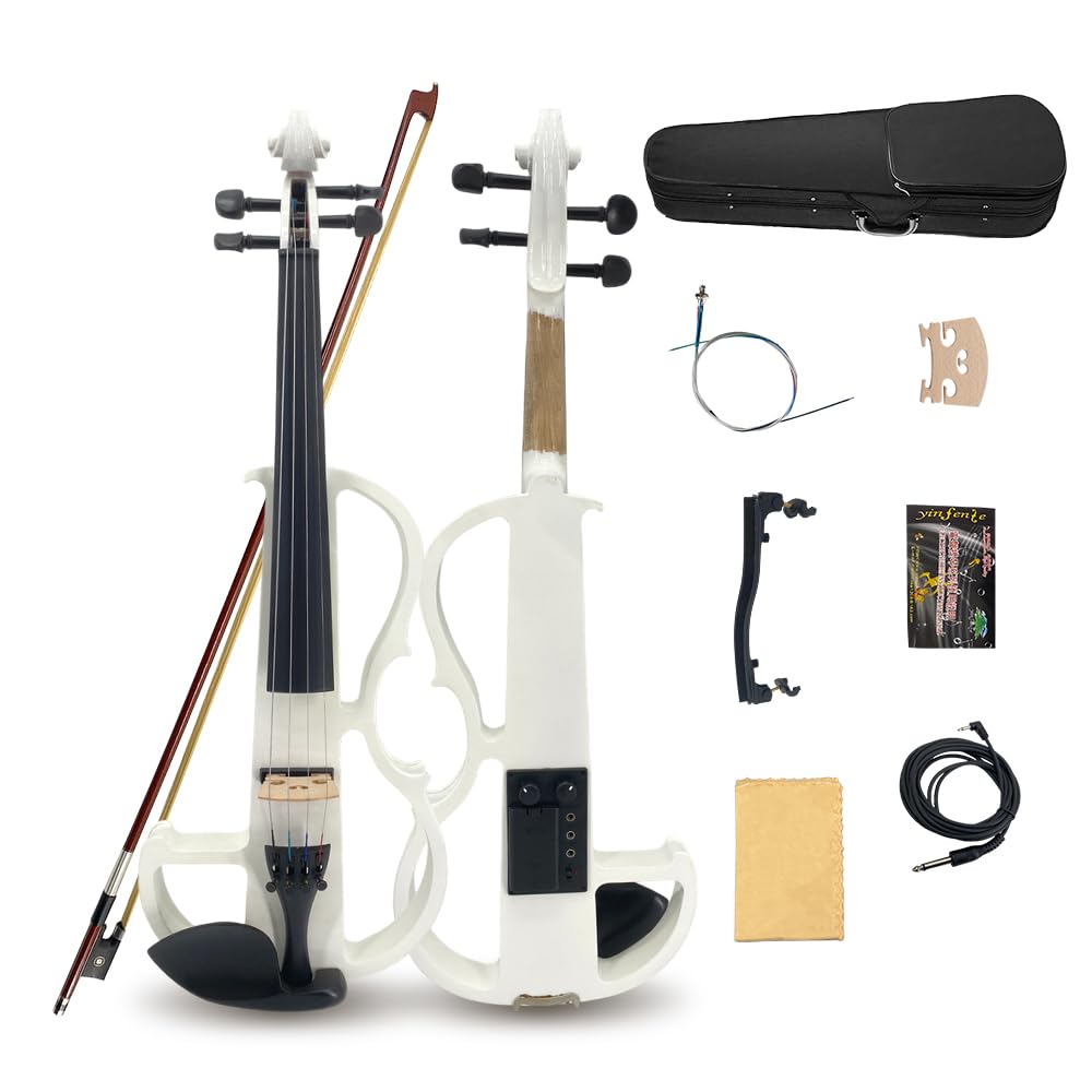 4/4 Full Size Electric Violin – Silent Electric Violin with Headphone Jack, Ebony Fittings – Includes Case, Bow, – Ideal for Practice & Performance (Black)