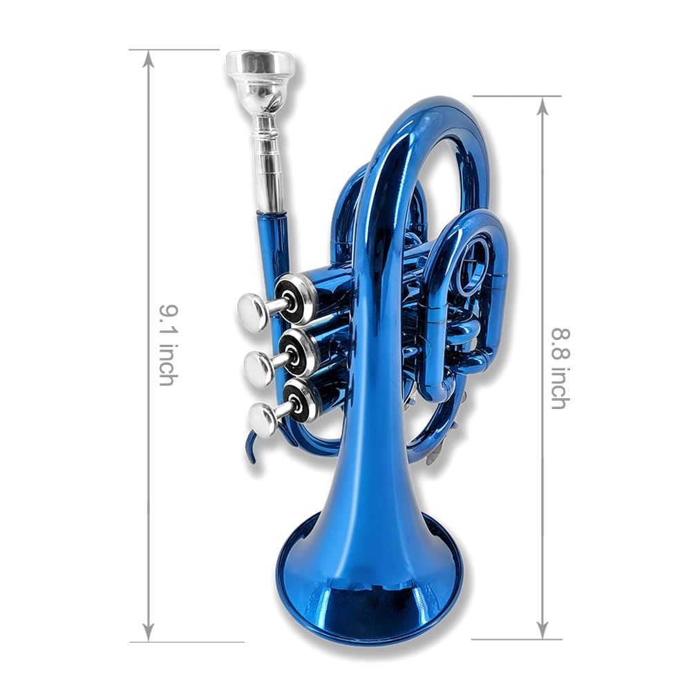 Yinfente Bb Flat Pocket Trumpet Bass Trumpet For Beginner,Student With Cleaning cloth, Silver plated 7C mouthpiece,hard case White gloves (Gold)