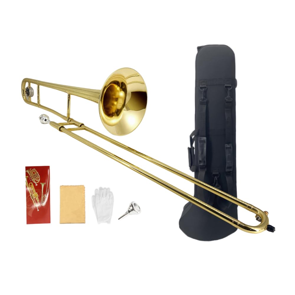 B flat Tenor Trombone, 0.5-Inch Bore, 8.07-Inch Brass Bell with Lacquer Finish, 12C Mouthpiece, Student & Beginner Slide Trombones with Case & Accessories
