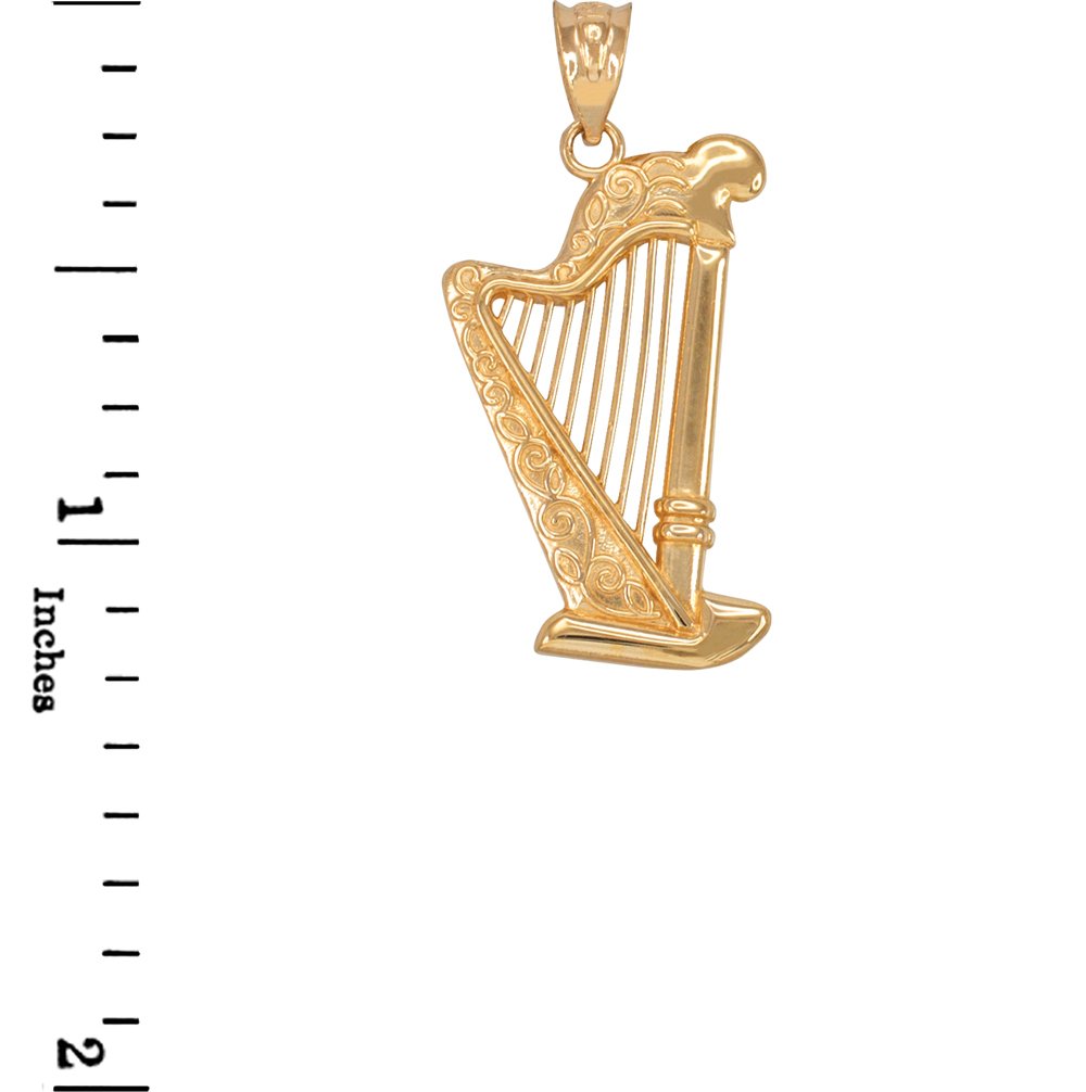 Fine 14k Yellow Gold Harp Music Charm Pendant Necklace