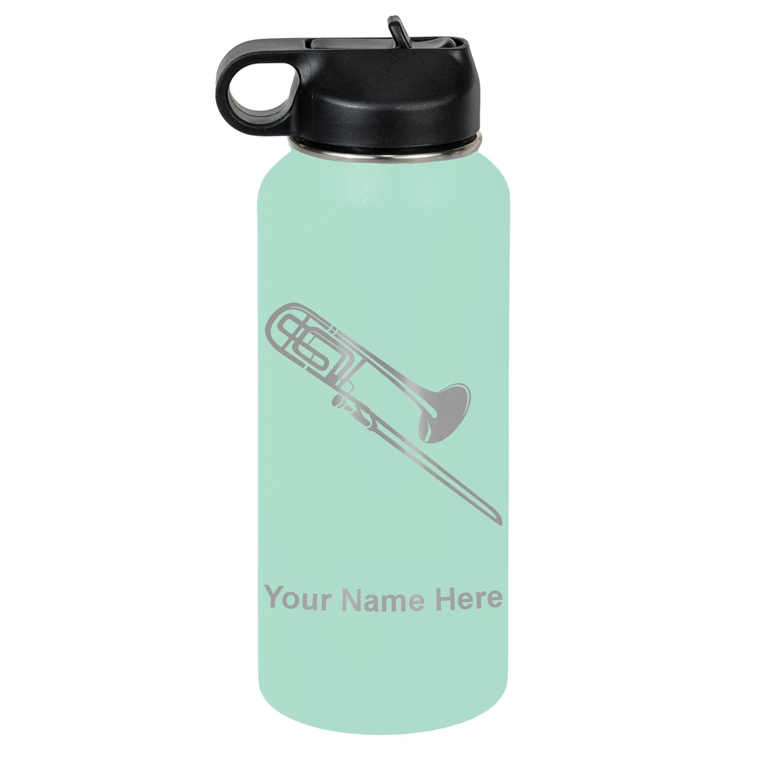 LaserGram Personalized Water Bottle, Trombone, Stainless Steel Double Wall Vacuum Insulated with Flip Top Straw, Custom Engraved Gift (32oz / 950ml Lavender)