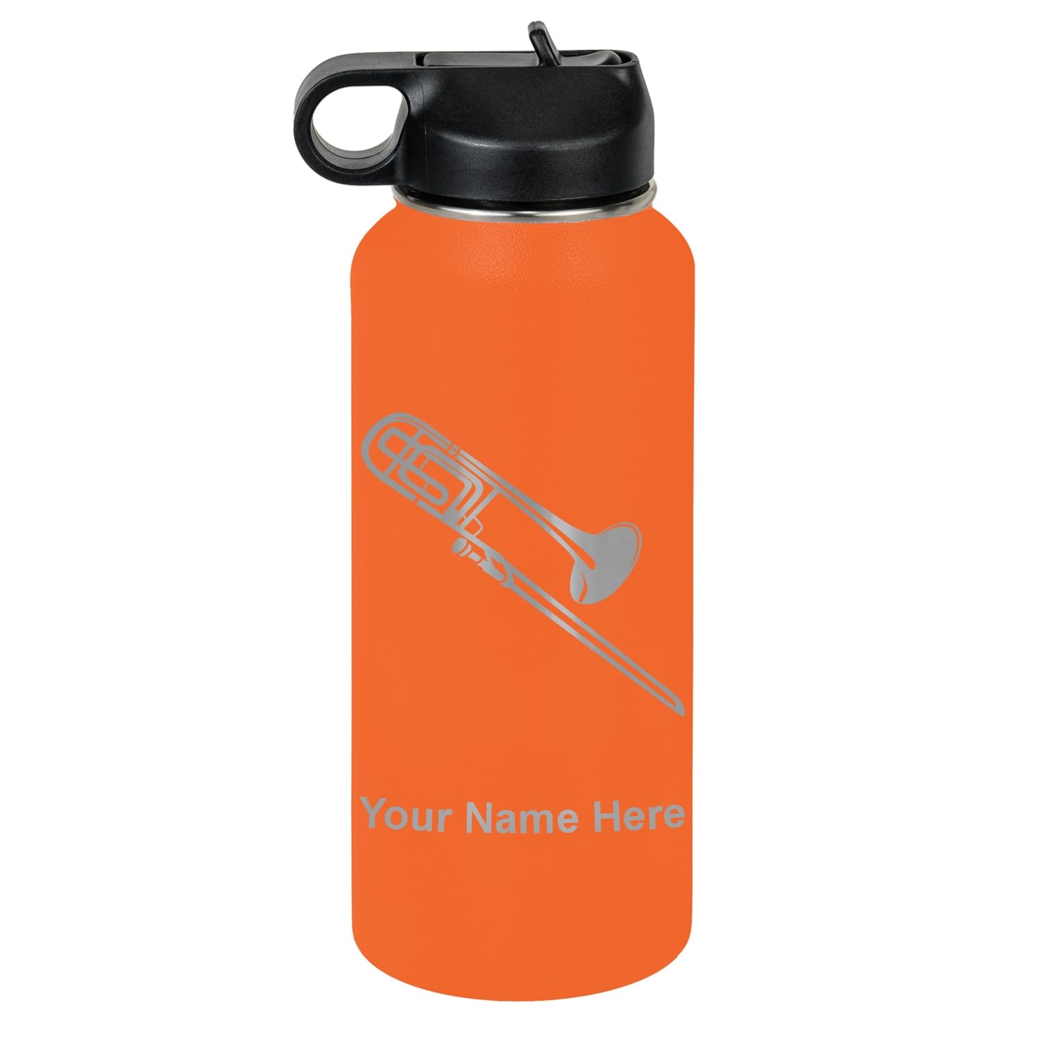 LaserGram Personalized Water Bottle, Trombone, Stainless Steel Double Wall Vacuum Insulated with Flip Top Straw, Custom Engraved Gift (32oz / 950ml Lavender)