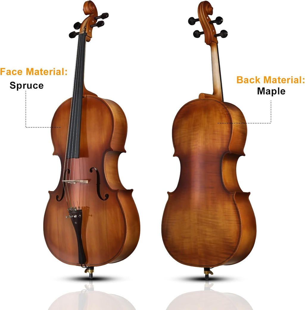Full Size Acoustic Cello Kit for Adults,Beginners,Complete 4/4 Cello Set with Portable Bag, Bow, Rosin,Matte Natural