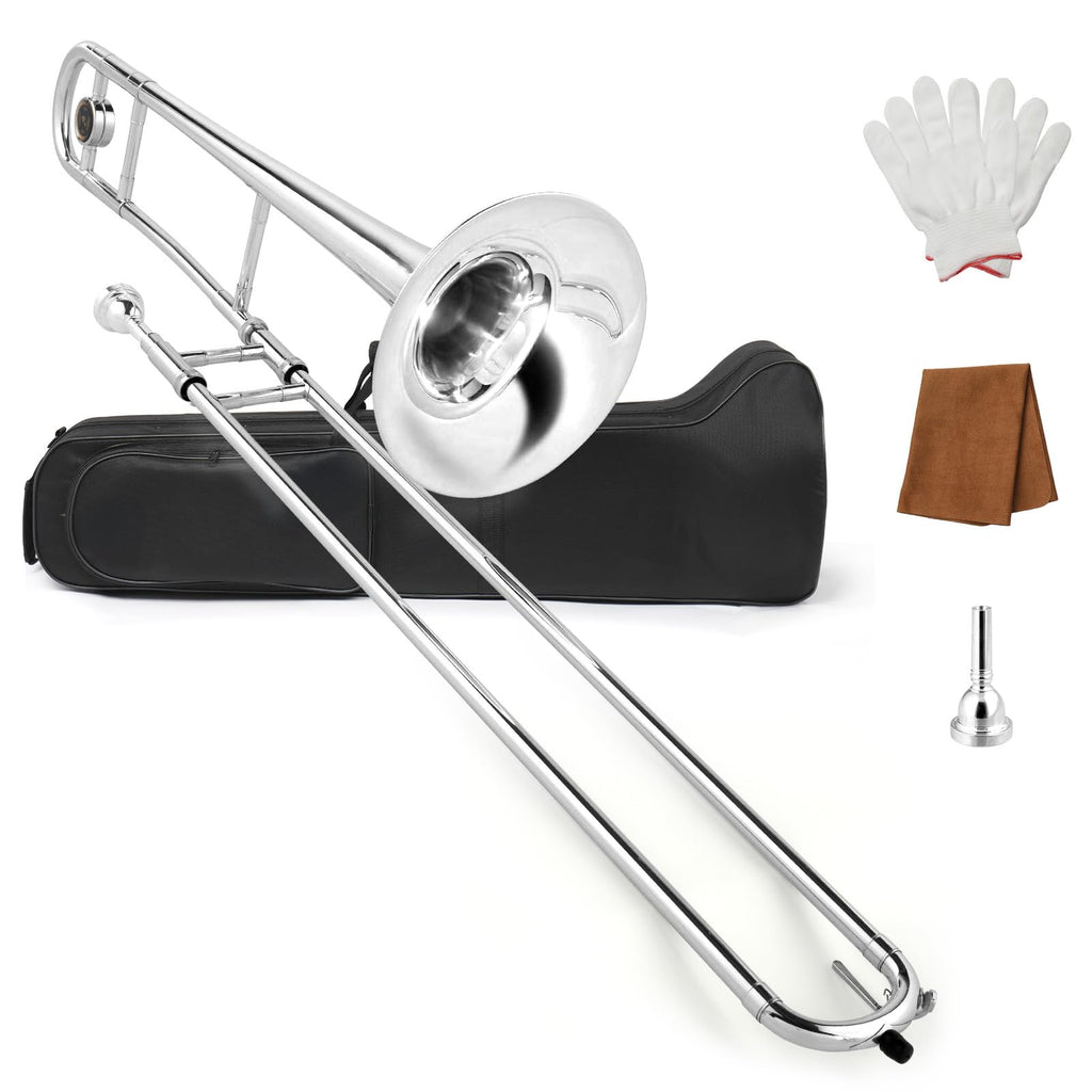 Ktaxon B Flat Tenor Trombone with Mouthpiece, Brass Slide Bb Trombones for Beginners, Portable Instrument Includes Cleaning Cloth, Gloves and Trombone Case (Golden)