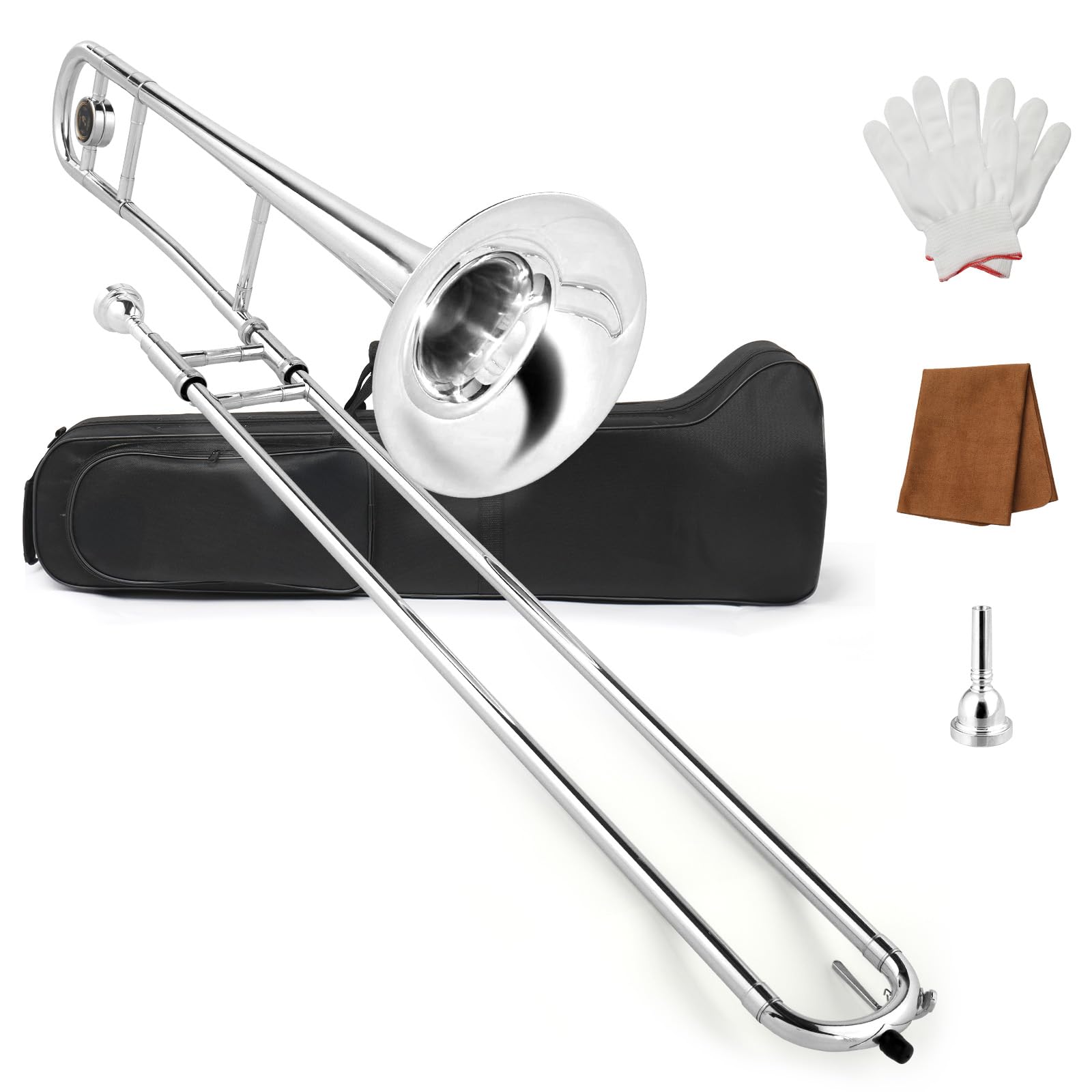 Ktaxon B Flat Tenor Trombone with Mouthpiece, Brass Slide Bb Trombones for Beginners, Portable Instrument Includes Cleaning Cloth, Gloves and Trombone Case (Golden)