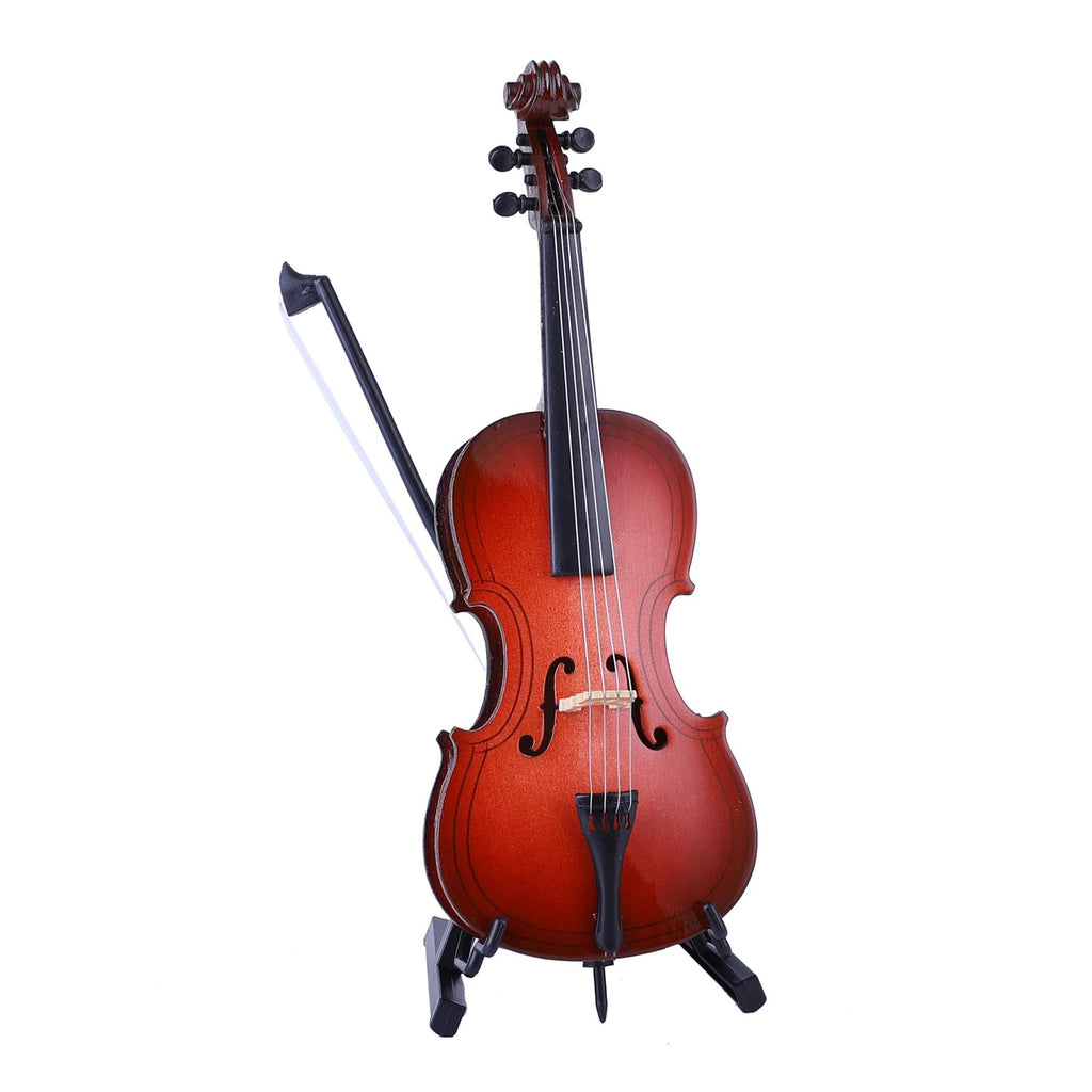 Wooden Miniature Cello with Stand, Bow and Case Mini Musical Instrument Cello Replica Collectible Figurines Dollhouse Accessories Model Home Decoration Display Ornament (5.51"x1.97"x0.63")