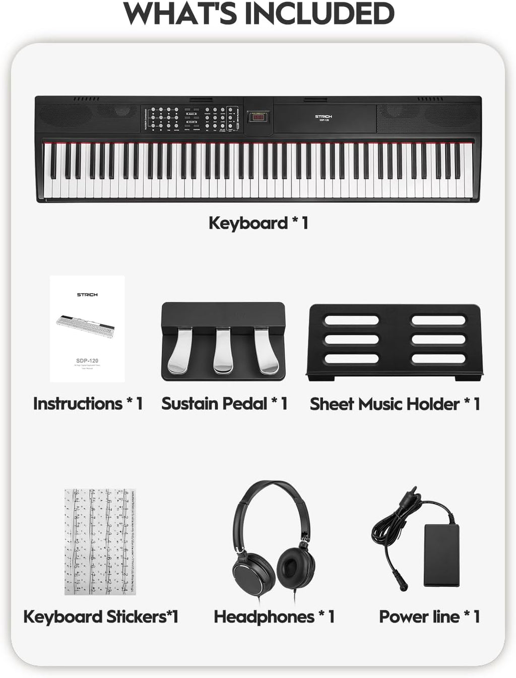 STRICH 88 Keys Weighted Keyboard with Sustain Pedal, Hammer-Action Digital Piano, 2x15W Built-In Speakers, Full-size Electric Piano Keyboard Supports USB-MIDI/Wireless Connect, White, SDP-120