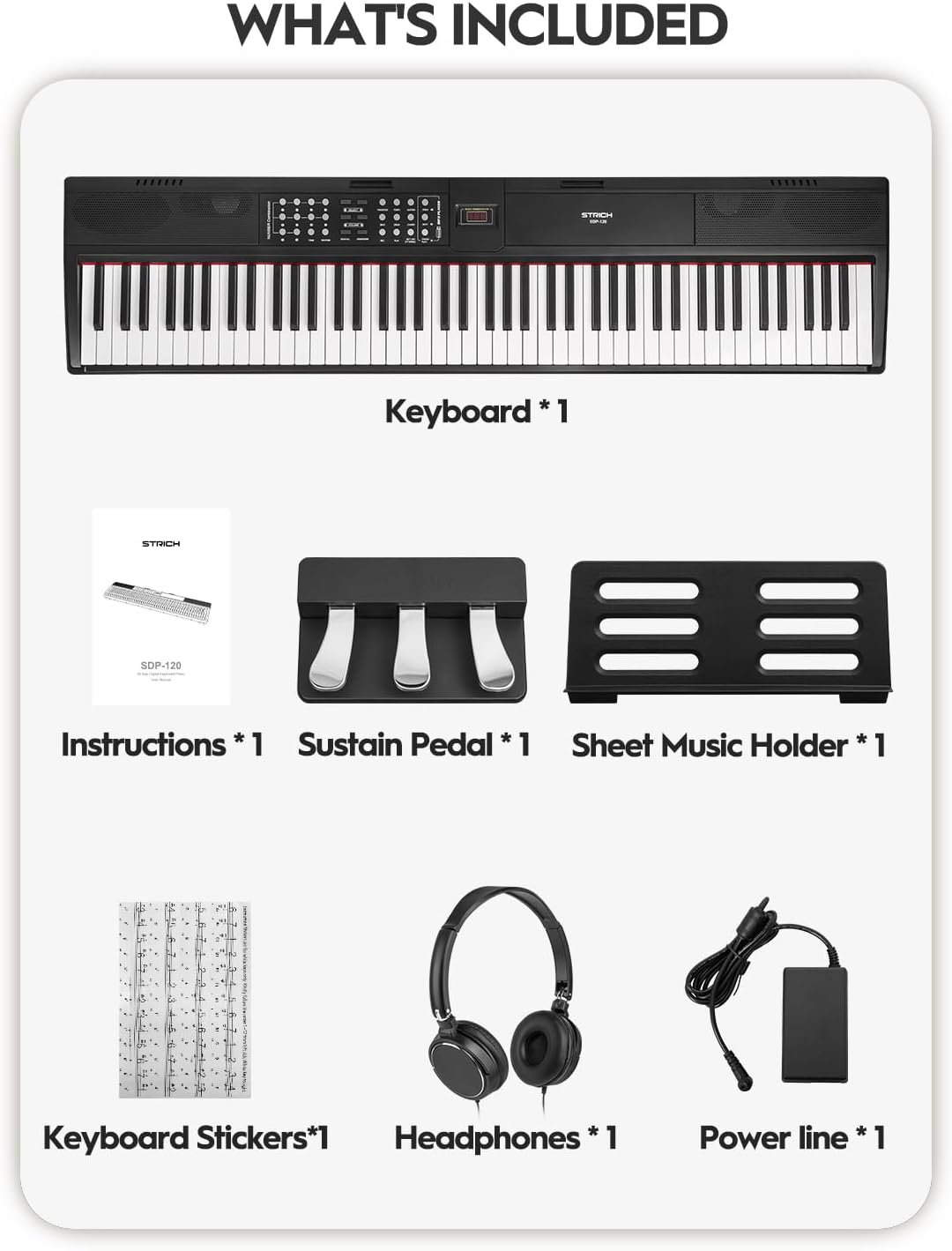 STRICH 88 Keys Weighted Keyboard with Sustain Pedal, Hammer-Action Digital Piano, 2x15W Built-In Speakers, Full-size Electric Piano Keyboard Supports USB-MIDI/Wireless Connect, White, SDP-120