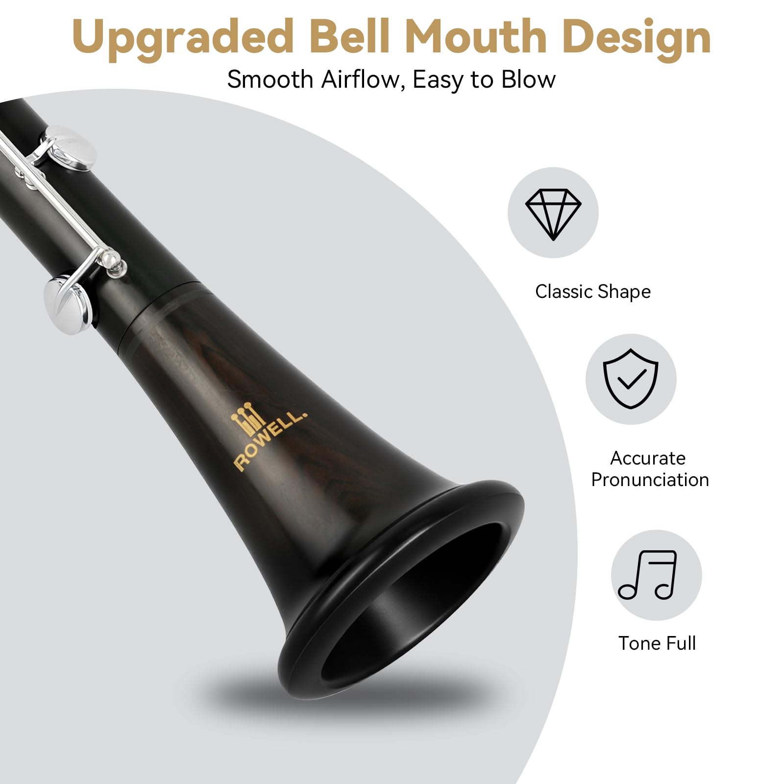 ROWELL 18 Key Bb Clarinet with Eb/Ab Lever & African Blackwood Wood Body Professional Rich Tone for Intermediate Players & Students Includes Case, Mouthpiece, Reeds