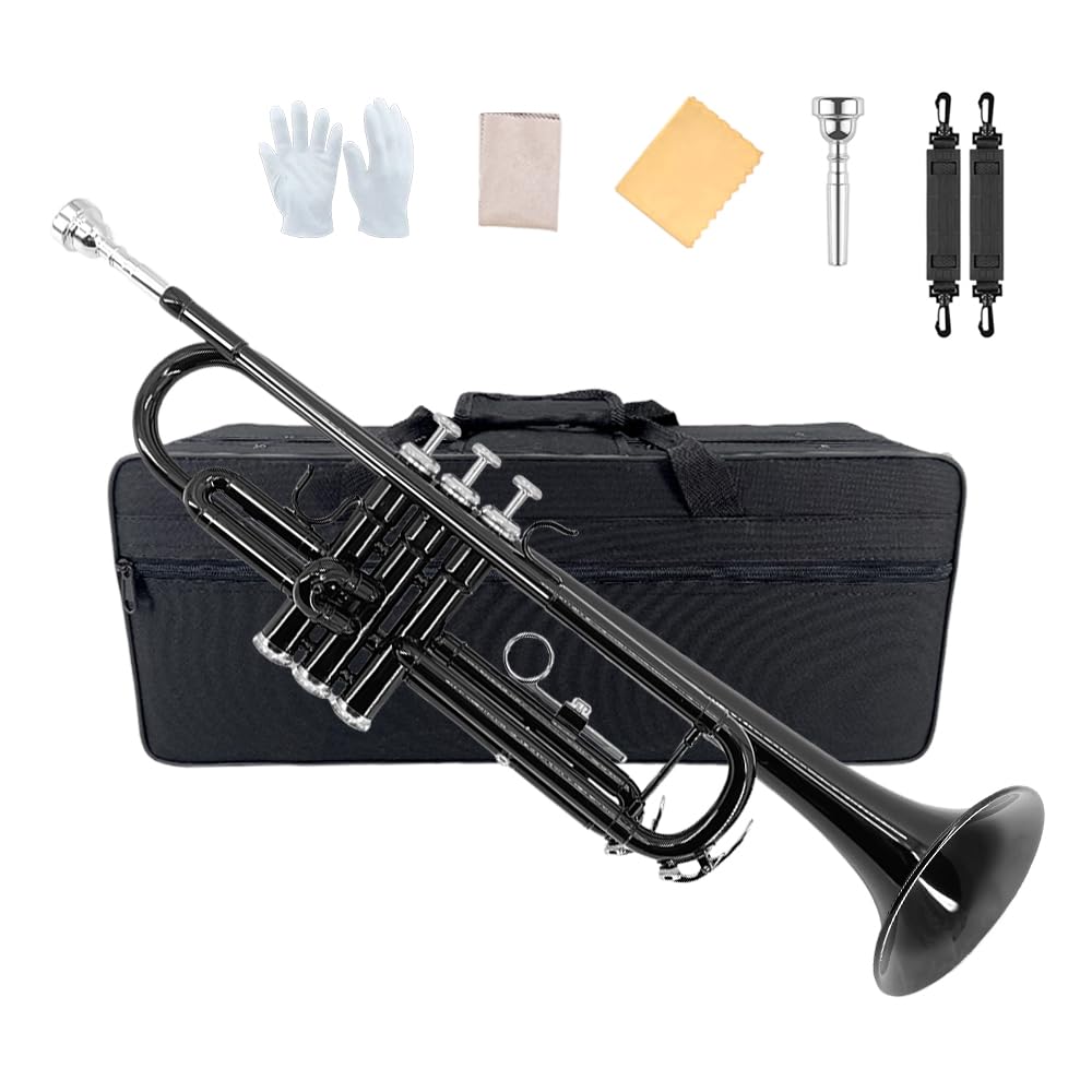 Yinfente Bb Standard Trumpet Set for Beginner or Advance Student, Brass Student Trumpet Instrument With Hard Case, 7C Mouthpiece, Cleaning Kit,White Gloves Glod