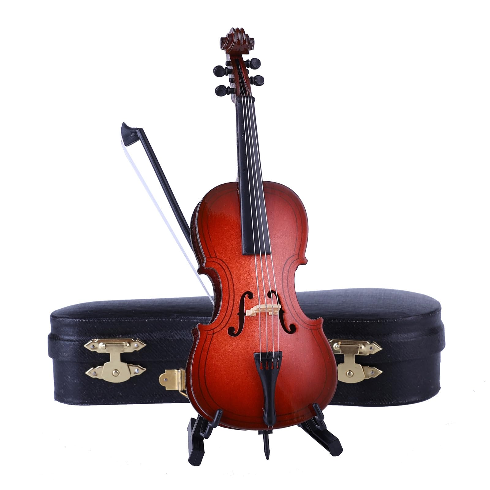 Wooden Miniature Cello with Stand, Bow and Case Mini Musical Instrument Cello Replica Collectible Figurines Dollhouse Accessories Model Home Decoration Display Ornament (5.51"x1.97"x0.63")